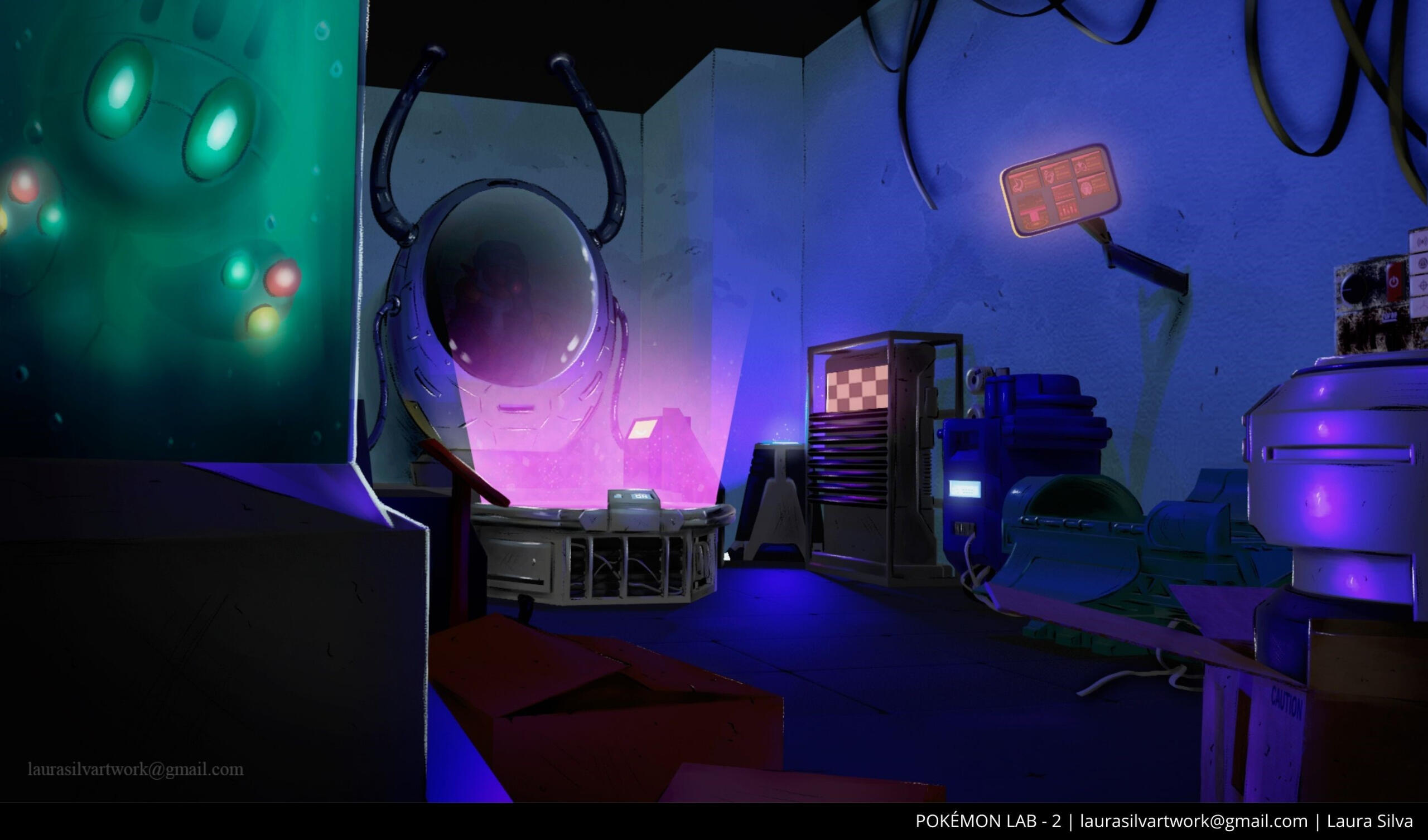 A pokémon lab with boxes and cables all over the floor. The equipment seems on, glowing in the dark. A capsule with a creature is seen at the background. A pokémon floating in nearest tube looks at the viewer.