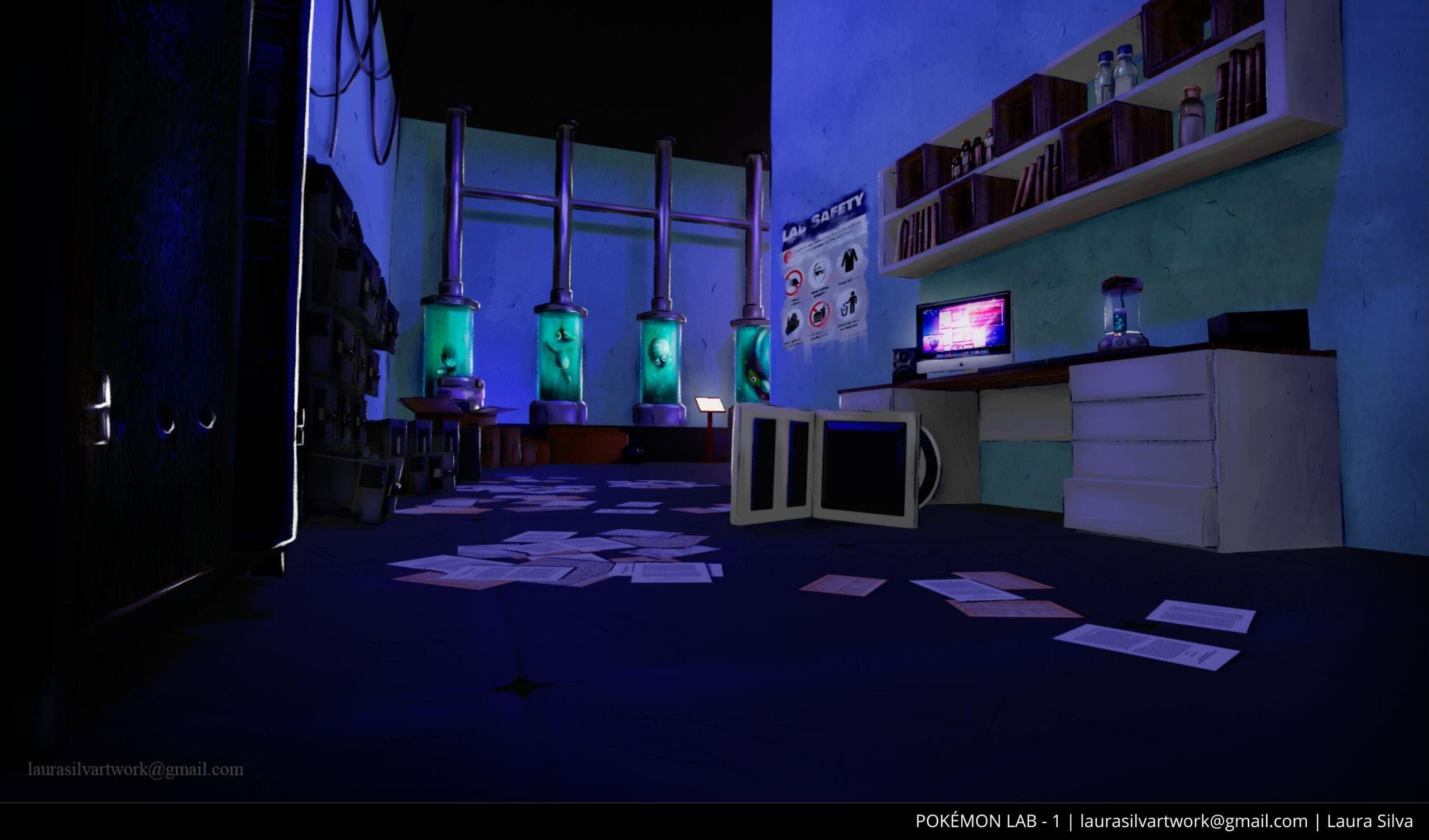 Same pokémon lab. Papers littering the floor, unorganized drawers, cables hanging from the ceiling and a chair laying on the ground while the desk computer is still on. Pokémon can be seen floating in tubes in the back