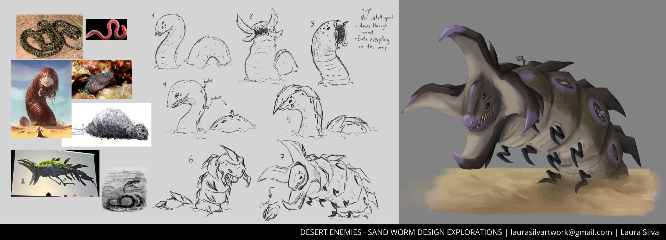 Last creature from my desert lineup, the biggest of the bunch. A huge worm-like creature with bug legs that travels through the sand using the claw shaped protuberances around its neck like a drill, with holes on its back where it carries its offsprings