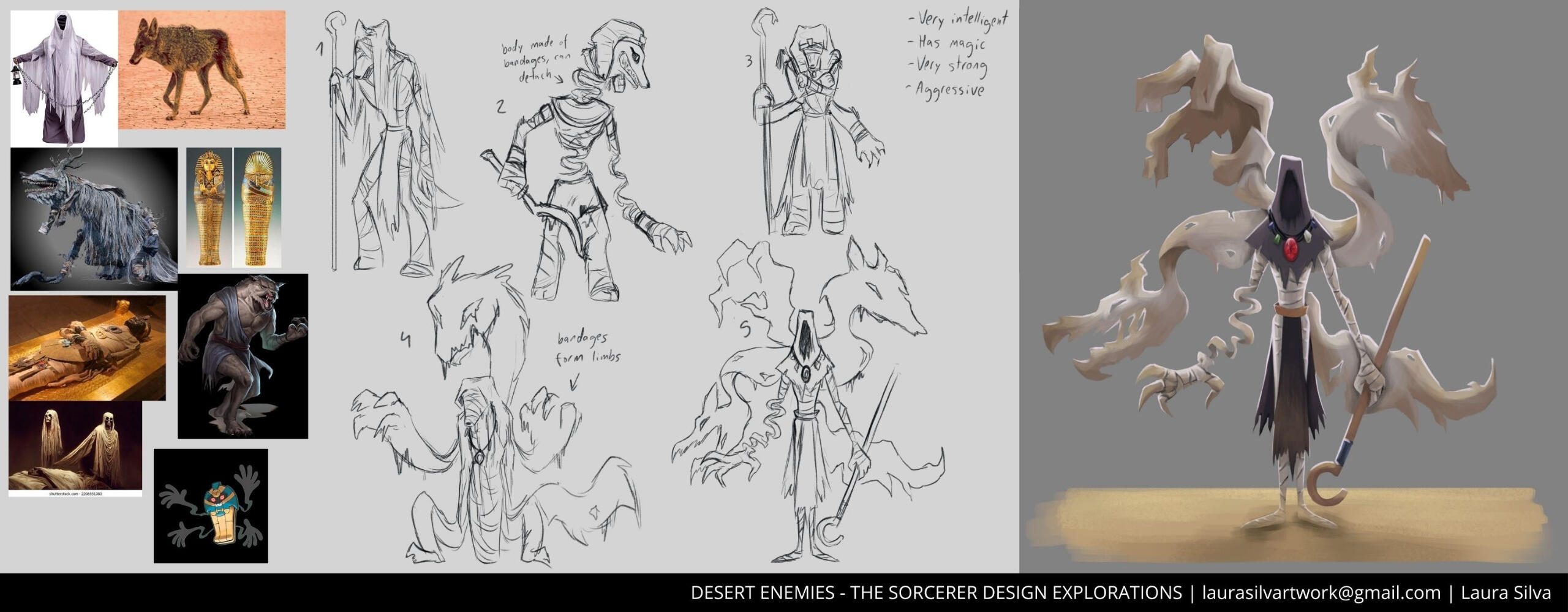 Fourth creature from my desert lineup, the strongest of the bunch, meant to feel like a final boss of the area. A humanoid character made out of bandages (appearing like a mummy) who uses magic to manipulate them and shape them into hands and coyote heads