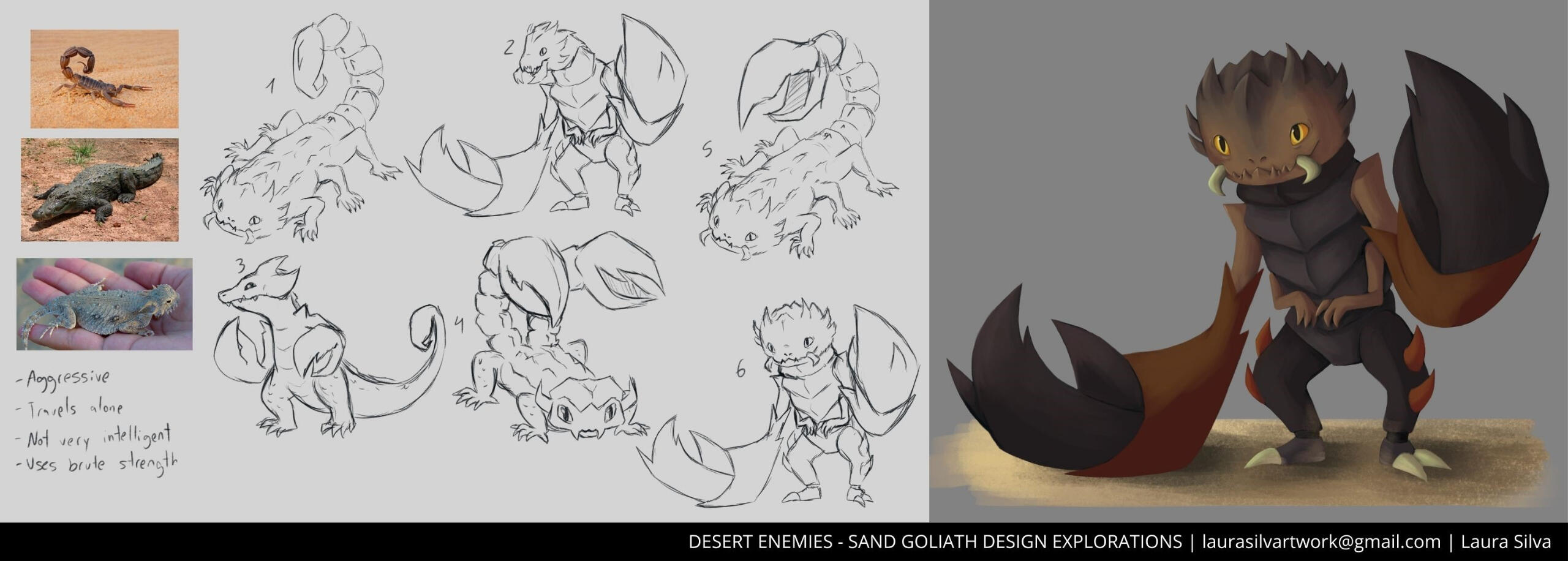 Third creature from my desert lineup. A big bipedal reptile with two big scorpion claws who relies on brute strength