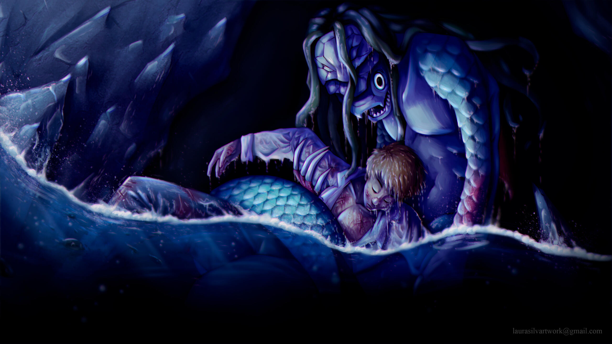 An illustration featuring a creepy mermaid with pronounced fish features dragging a drowned injured man into her cave during night time. The intentions of the monster are up to interpretation