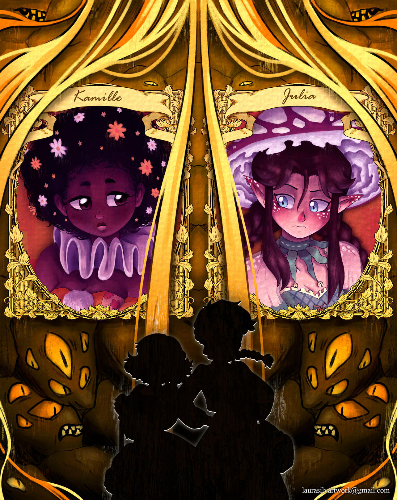 (Characters from the comic Marionetta, by Miriam Bonastre) A drawing of the silhouettes of two girls being stared at by a monster wall with multiple eyes. In the background there are two portraits of the girls in clown costumes staring at eachother.