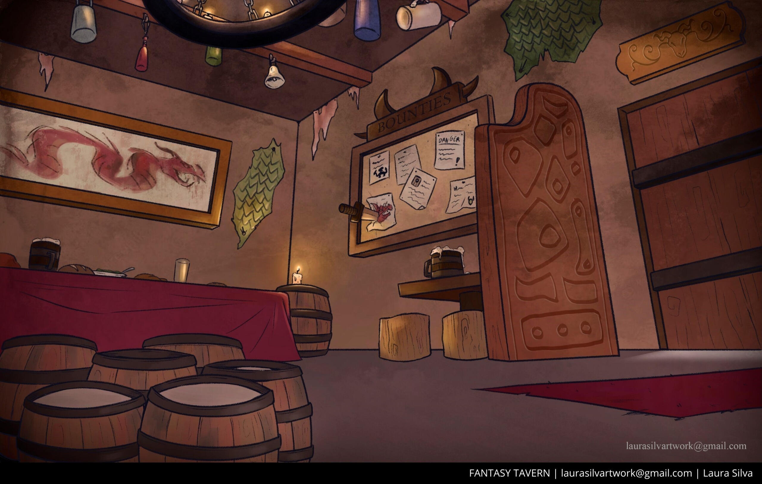 A dragon-themed tavern. Barrels, candels, hanged bottles, dragon scales and a painting decorate the place. There's food and drinks on the tables. A tabloid for bounties hangs on the wall