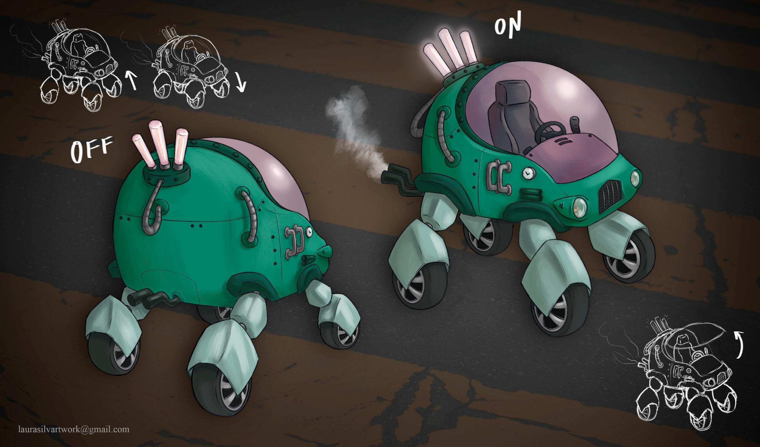 A one person car with futuristic and steampunk features. In the sheet the vehicle can be seen from different angles with notes explaining how it works