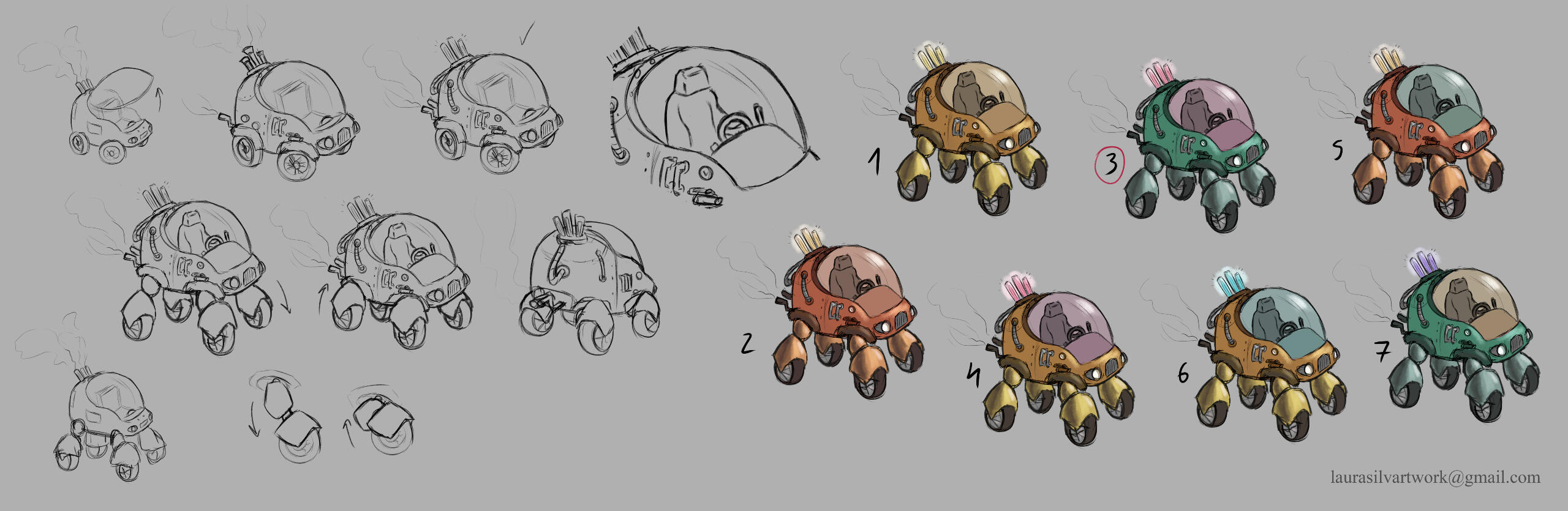 A sheet with details of the functions of the car and different attempts of color palettes