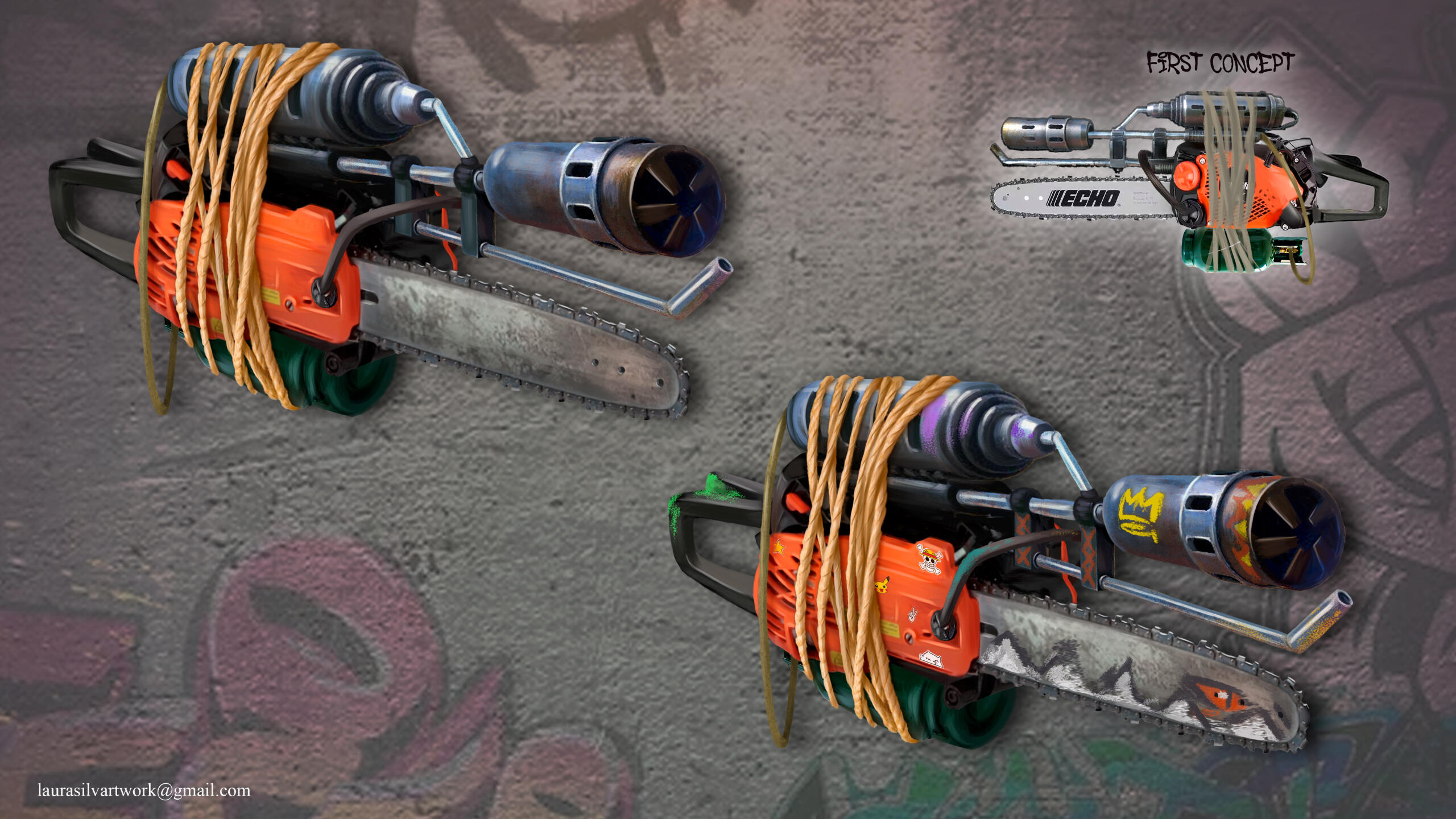 a photobashing exercise featuring a combination of a flamethrower and a chainsaw, stuck together poorly by rope and decorated with stickers and graffiti. This weapon was concieved for a post apocaliptic setting where resources are limited.
