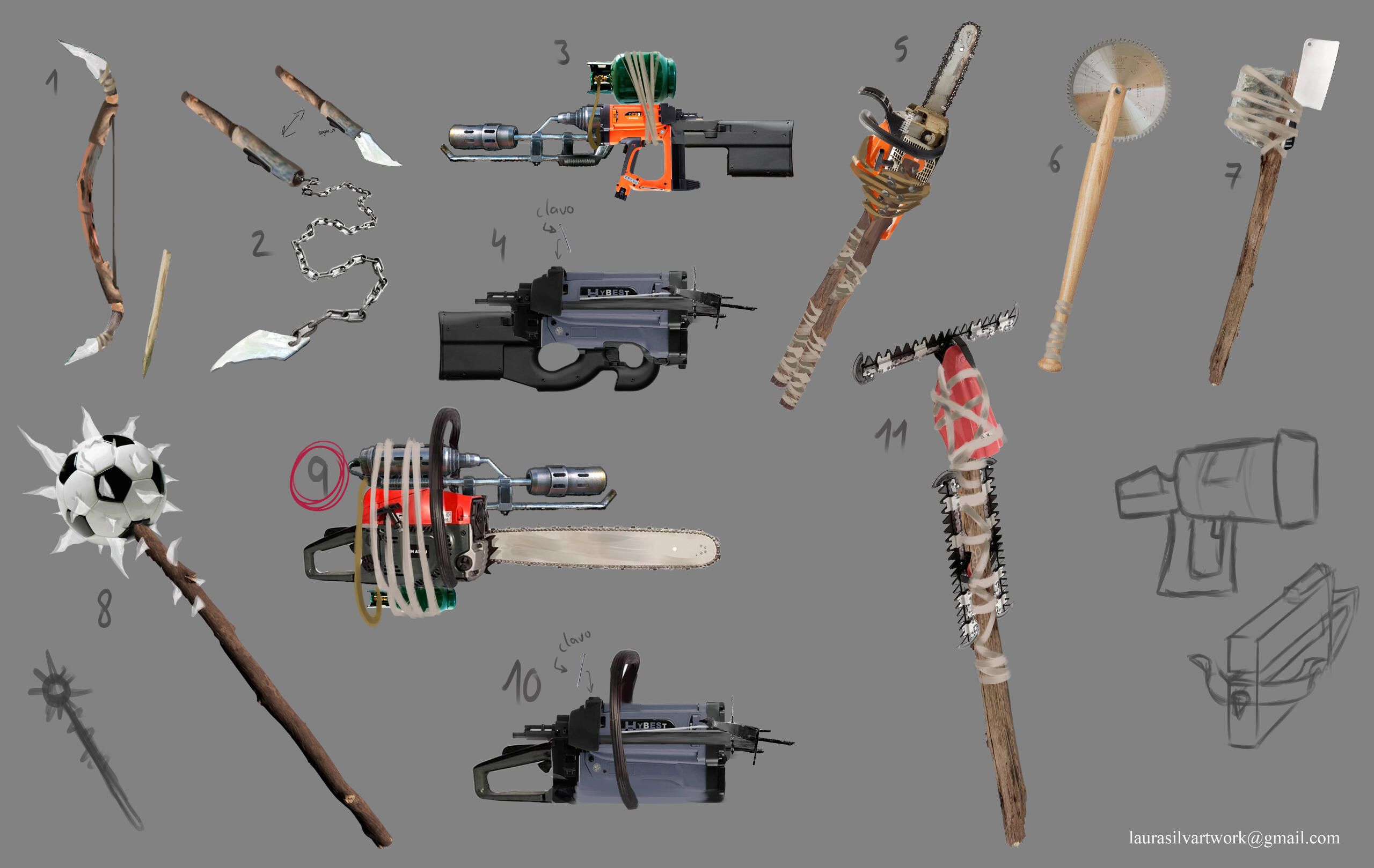 thumbnails for different options for post apocalyptic weapon designs