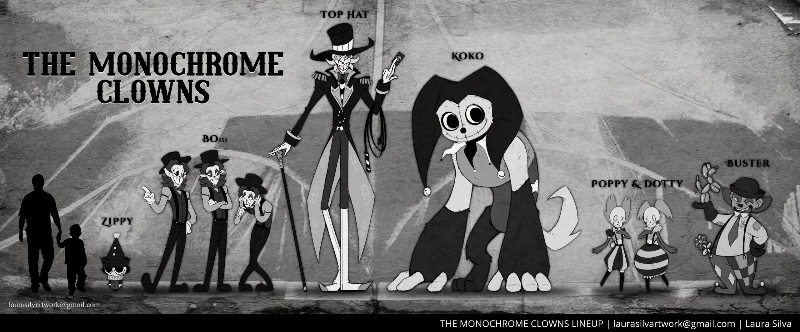 A character lineup featuring a circus troup made of black-and-white clown characters