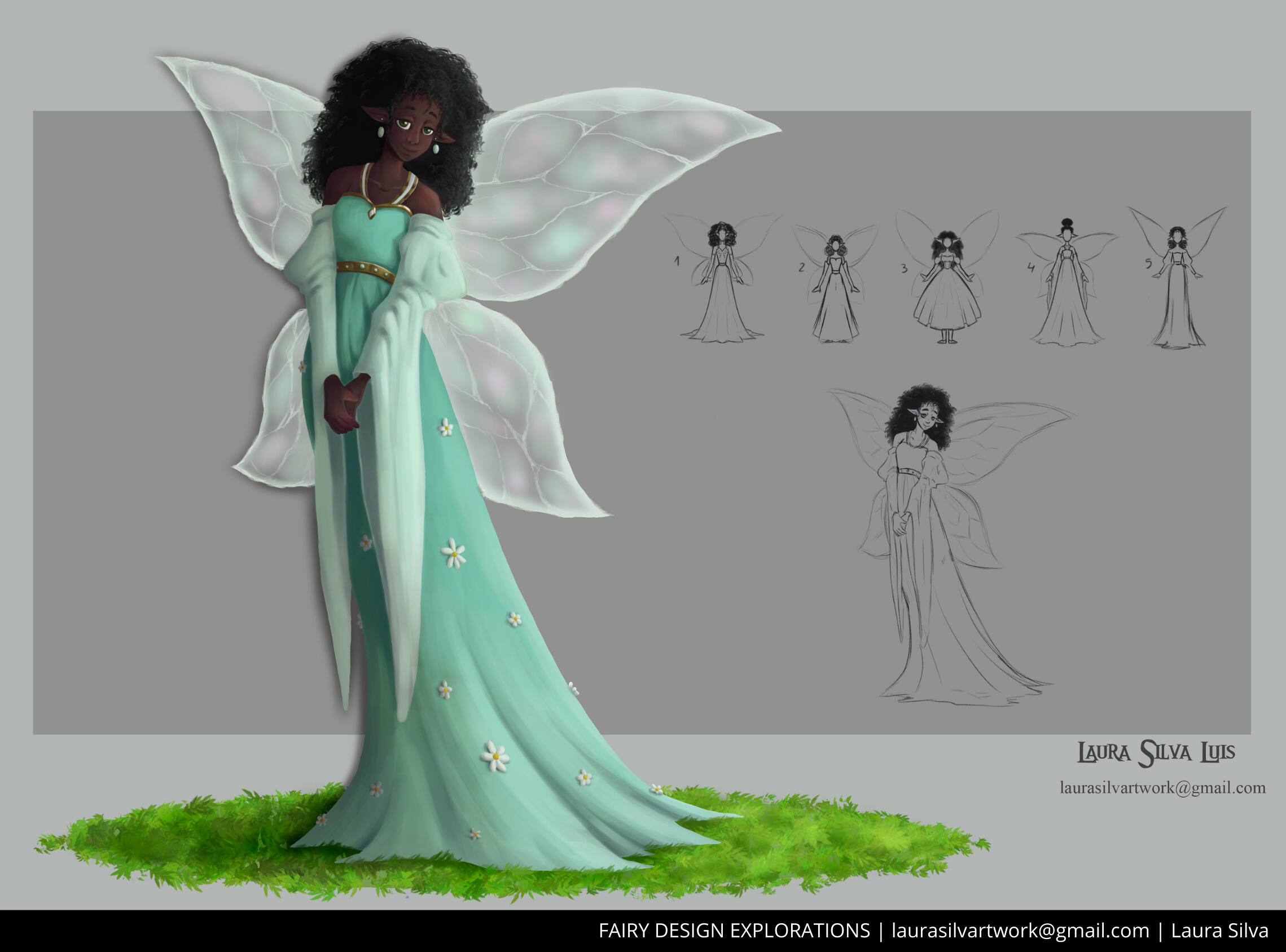 A character sheet featuring a fairy, with some early thumbnails and her final design